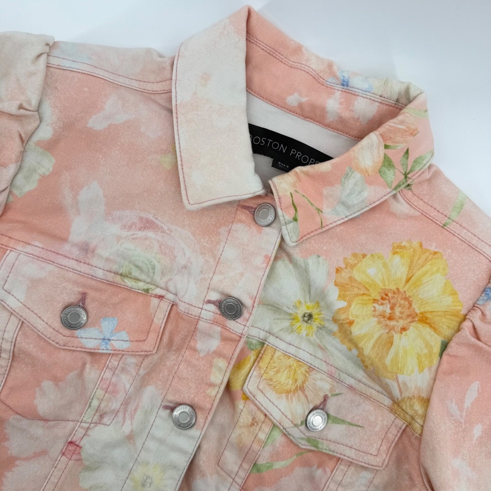 Boston Proper Denim Jacket Womens Small Peach Floral‎ Puff Shoulder Button Front